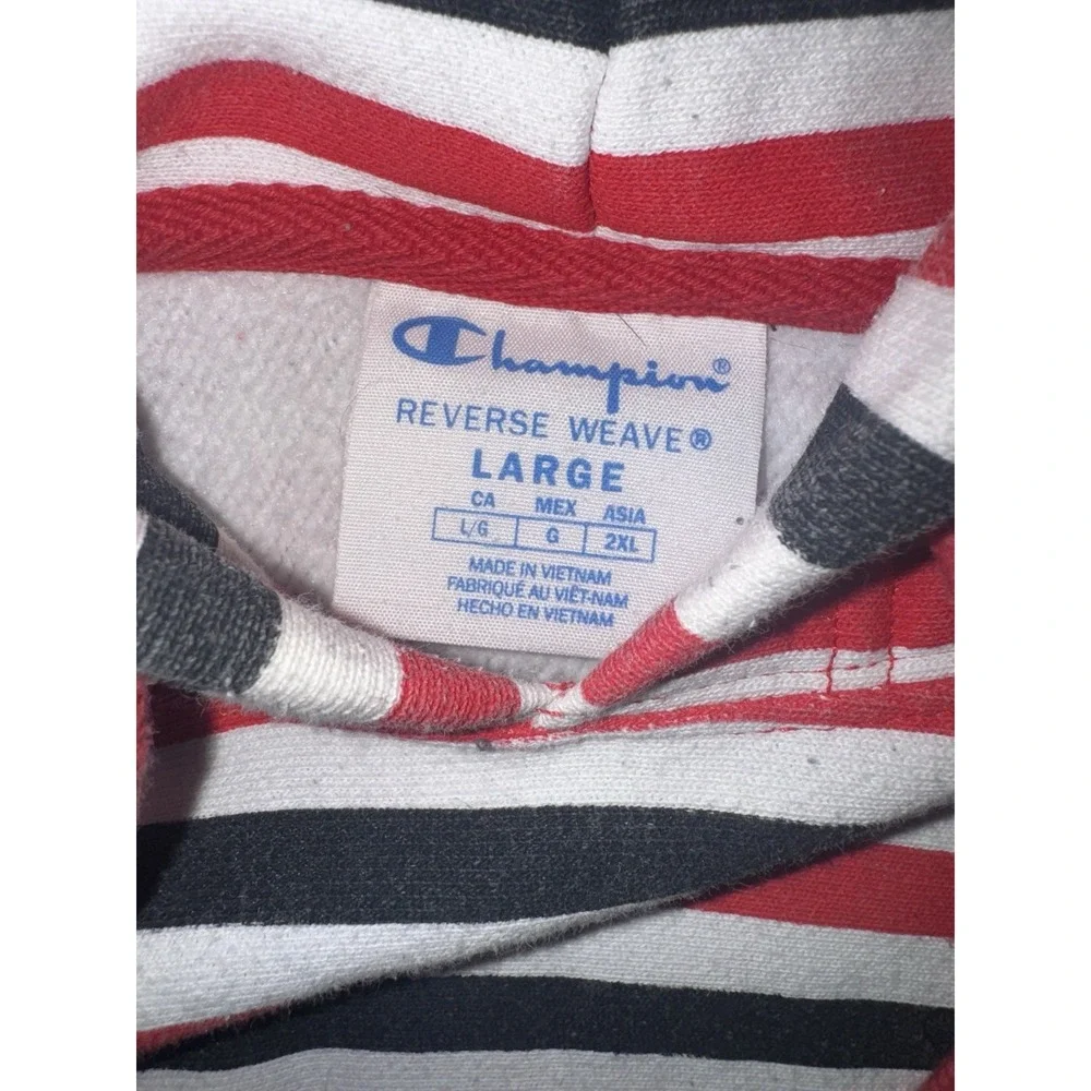 Champion Reverse Weave Hoodie Large Striped Red Black White Pullover Sweatshirt - Picture 4 of 4